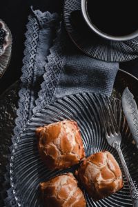 Kaboompics - Overhead Sweet Buns, Coffee and Gray Lace Table Linen