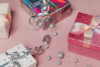 Kaboompics - Pink Glitter Gift Box with Silver Ribbon and Baubles