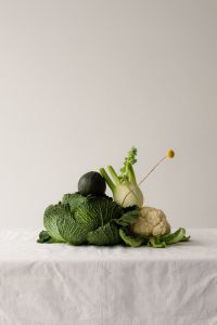 Minimal Green Vegetable Still Life with Romanesco, Cabbage and Copy Space