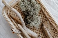 Kaboompics - Dried Lichen and Driftwood in a Woven Rattan Tray, Neutral Coastal Decor