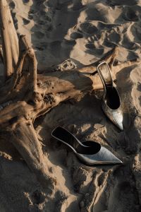 Kaboompics - Silver Pointed-Toe Heels on Sand with Driftwood, Flat Lay