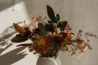 Kaboompics - Sunlit Flowers and Foliage in White Textured Ceramic Vase