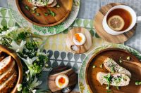 Kaboompics - Breakfast served with tea, bread and eggs