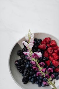 Kaboompics - Overhead Berry Bowl with Flowering Branch and Copy Space