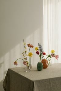 Spring Flowers, Colorful Vases and Easter Table Decor