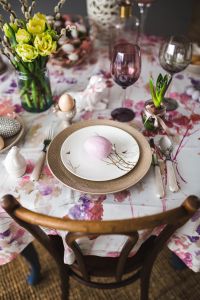 Kaboompics - Easter table with cute pink decorations, flowers, catkins and eggs