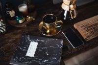Kaboompics - Notebook, cup of coffee, glasses, Chemex, keyboard, iPhone