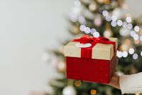 Kaboompics - Red and Gold Gift Box with Christmas Tree Copy Space