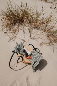 Kaboompics - Striped Beach Towel, Straw Bag and Peaches Among Dune Grass