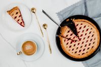 Kaboompics - Overhead Blueberry Pie with Coffee and a Slice on White Marble