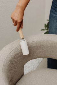Kaboompics - Woman Using a Lint Roller on a Curved Chair