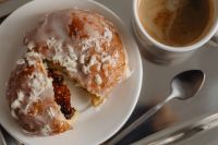 Kaboompics - Glazed Pastry with Coffee and Spoon on Silver Tray