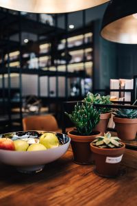 Kaboompics - Fruits in bowl, & Plants in Clay Pots on the Wooden Desk