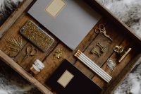 Kaboompics - Office accessories on an old wooden tray