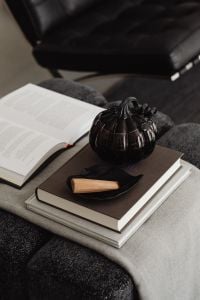 Kaboompics - Black Pumpkin and Open Book on Armchair