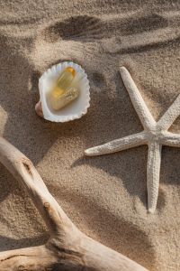 Kaboompics - Vitamin Capsules in a Shell on Sandy Beach with Starfish
