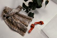 Kaboompics - Leopard Print Coat, Red Sandals and Green Plant Flat Lay