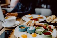 Kaboompics - Breakfast with Fried Eggs, Sausage, Toast and Cappuccino
