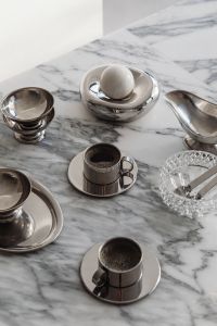 Kaboompics - Coffee, Whipped Cream Dessert and Silver Tableware on Arabescato Marble