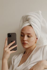Kaboompics - Skincare Selfie with Under-Eye Patches and Towel-Wrapped Hair