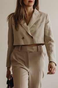 Kaboompics - Minimalist Beige Blazer and Tailored Trousers Outfit