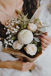 Boudoir Portraits with Pastel Bouquet and Black Lace Lingerie