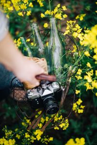 Kaboompics - Woman with vintage camera in the field of blooming rapes