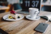 Kaboompics - Macbook, iPhone, Cheese Cake and Cup of Coffee