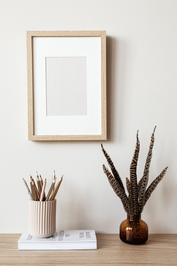 Minimal Frame Mockup with Dried Feathers and Colored Pencils. Ideal for ...