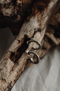 Kaboompics - Sculptural Silver Hoop Earrings on Dark Driftwood