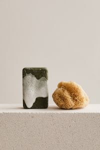 Kaboompics - Green Soap Bar and Natural Sea Sponge on a Concrete Ledge