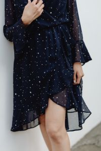 Kaboompics - Close-Up of Navy Blue Patterned Dress and Sheer Ruffle Hem