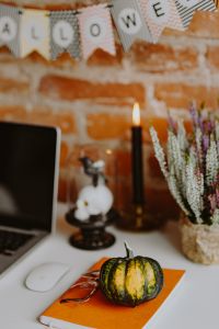 Kaboompics - Laptop and Pumpkin on Orange Notebook