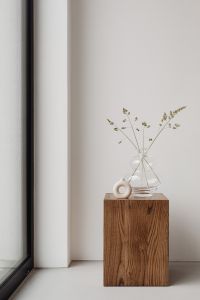 Kaboompics - Minimalist Glass Vase Still Life with Dried Stems and Wooden Pedestal