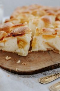 Delicious sponge cake with fruit with milk