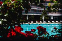 Kaboompics - Turquoise Hotel Pool Framed by Red Flowers and Greenery, Summer Resort Swimming Scene