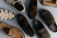 Kaboompics - Overhead Arrangement of Neutral Suede Shoes and Woven Sandals