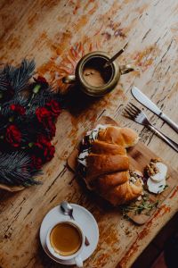 Kaboompics - Croissant with goat cheese, beetroot and a cup of coffee for breakfast