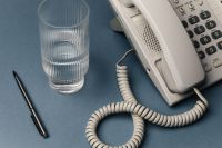 Kaboompics - Minimal Office Desk Flat Lay With Telephone And Glass Of Water