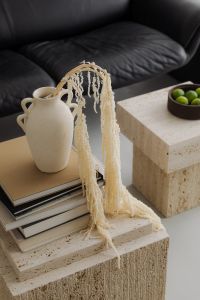 Kaboompics - Travertine Coffee Table with Ceramic Vase, Pampas and Green Apples