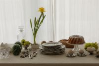 Kaboompics - Neutral Easter Table Setting with Cake and Flowers