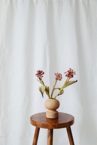 Kaboompics - Dried Pink Flowers In Textured Vase On Wooden Stool