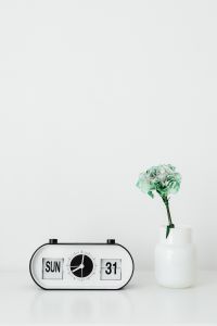 Kaboompics - Minimal Flip Calendar Clock Beside a Single Mint-Green Carnation in a White Vase