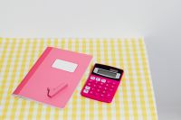 Kaboompics - Pink Notebook and Calculator Flat Lay With Copy Space