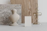 Kaboompics - Neutral Business Card Mockup with Textured Ceramic Vase, Marble Sample and Sculptural Glass Candlestick