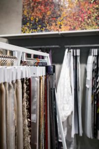 Collection of design fabrics on hangers