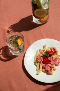Kaboompics - Strawberry Pasta and Peach Drink in a Summer Scene