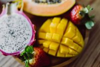 Kaboompics - Close-Up of Sliced Mango, Papaya, Dragon Fruit and Strawberries for Smoothie and Healthy Eating Ideas