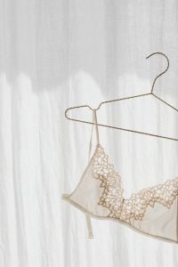 Kaboompics - Beige Lace Bra on a Wire Hanger by a Sheer Curtain