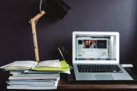 Kaboompics - Laptop and Desk Lamp on a Dark Home Office Desk